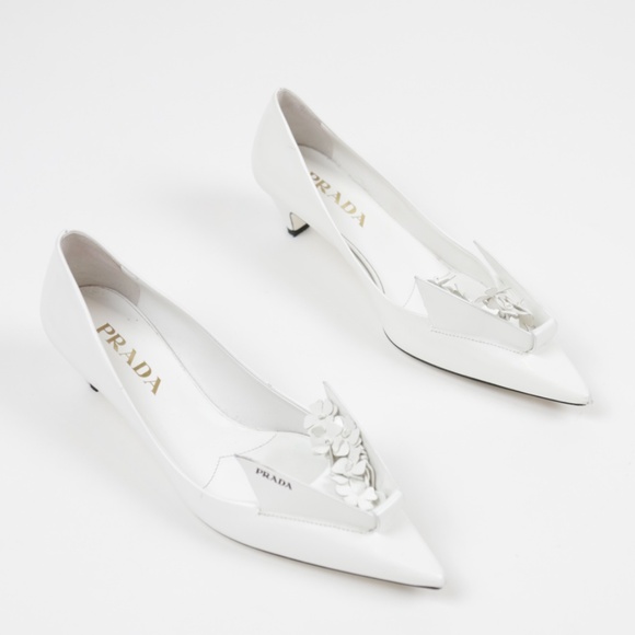 Prada White Geometric 3D Origami Kitten Heel Point Toe Mules - Picture 9 of 9